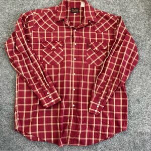 Plains Men's Long Sleeve Western Shirt Pearl Snap Red Burgundy‎ Plaid Large